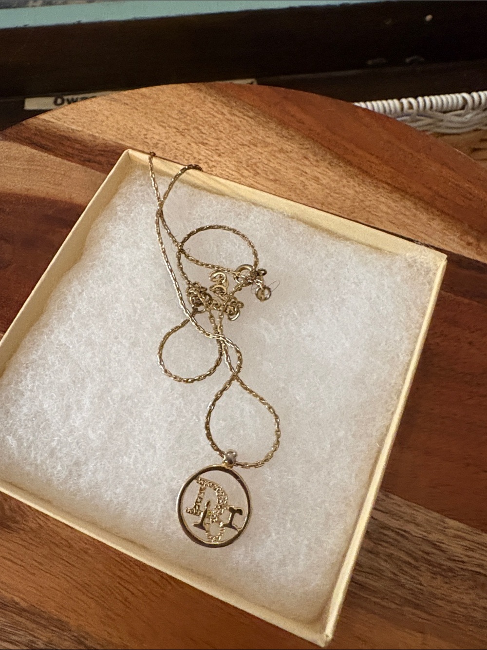 Dior Gold Round Pendant Necklace with Script Letter